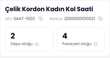 ENTEMAX Stok Sorgula: kol saati ürünü, SKU ve barkodu; depo stoğu 2 ve pazaryeri stoğu 4 (temsili veri)