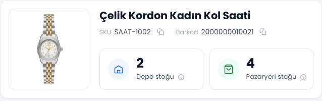 ENTEMAX Stok Sorgula: kol saati ürünü, SKU ve barkodu; depo stoğu 2 ve pazaryeri stoğu 4 (temsili veri)