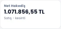 Net hakediş: 1.071.856,55 TL, satış eksi kesinti (temsili veri)