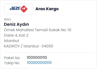 ENTEMAX sipariş satırındaki gönderi kartı: Aras Kargo, alıcı ve teslimat adresi, paket numarası ve takip numarası (temsili veri)